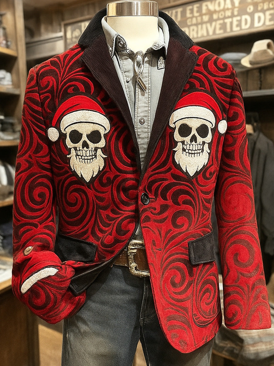 Men's Retro Western Style Christmas Skull Print Casual Corduroy Pocket Blazers